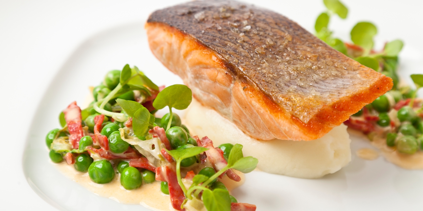 Organic Salmon Fillet With Peas & Chorizo - Great British Chefs