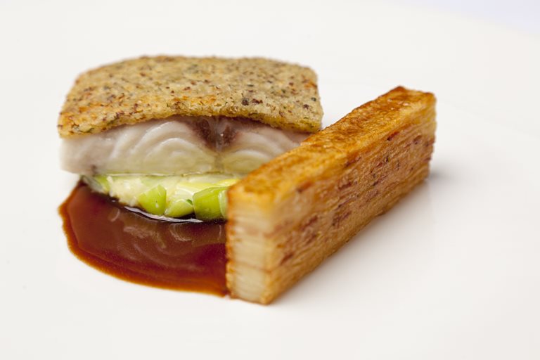 sea bass with mustard crust and potato terrine