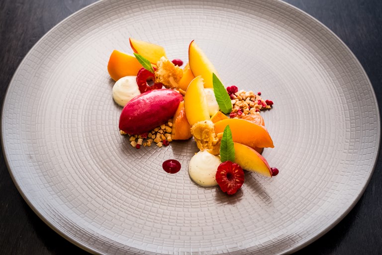 Honey Roasted Peach With Peach Sorbet Recipe Great British Chefs