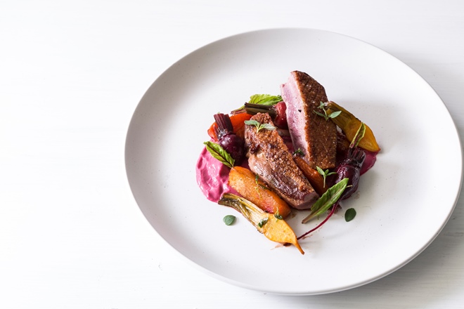 duck breasts with root vegetables and beetroot puree