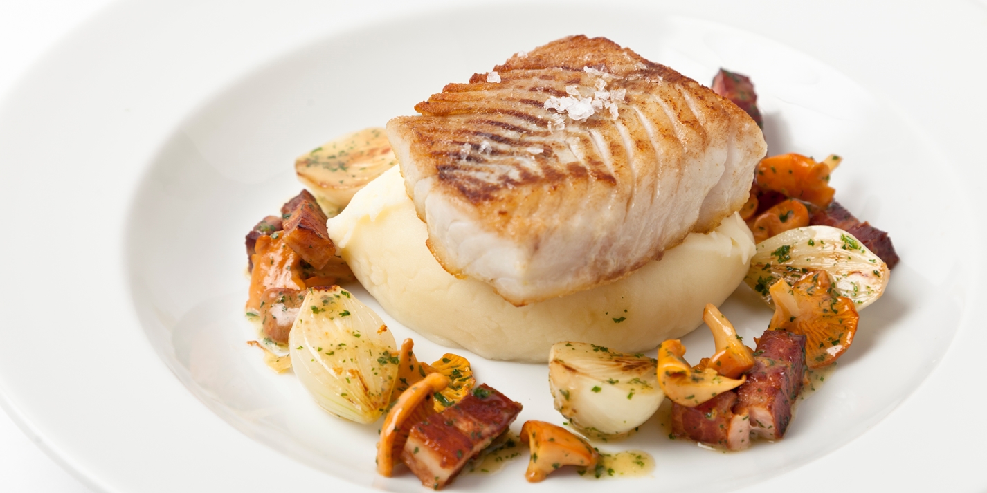 PanFried Halibut With Smoked Bacon & Girolles Great British Chefs
