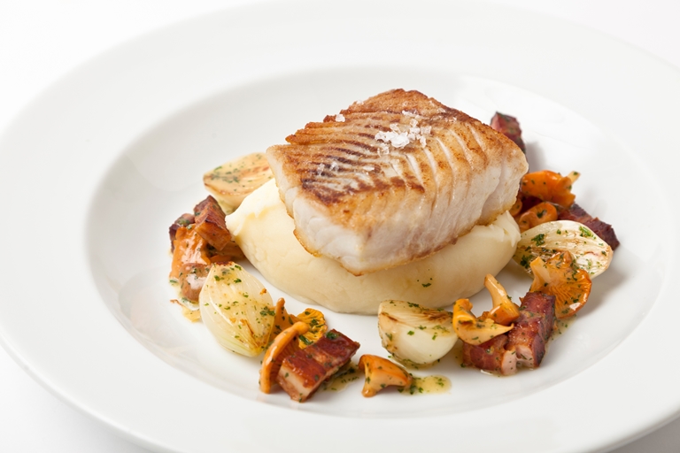 PanFried Halibut With Smoked Bacon & Girolles Great British Chefs