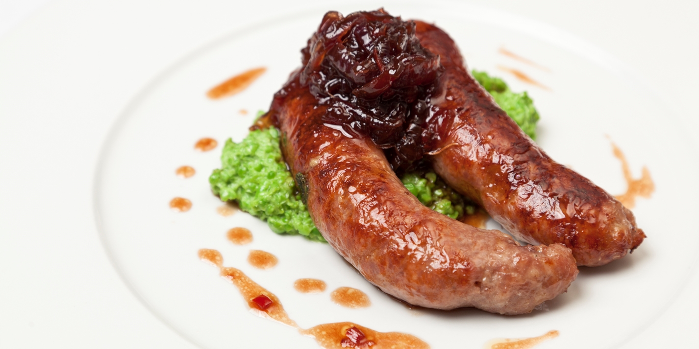 Pork Sausages Recipe With Crushed Peas & Onion Great British Chefs