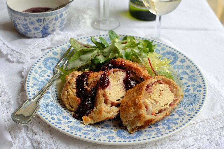 Chicken wellington with cherry sauce recipe Great British Chefs