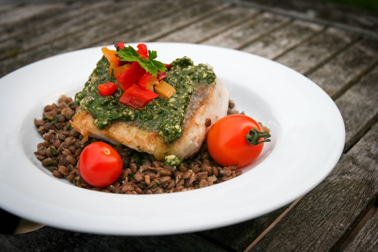 Hake with Coriander Pesto and Chargrilled Tomatoes Great British Chefs