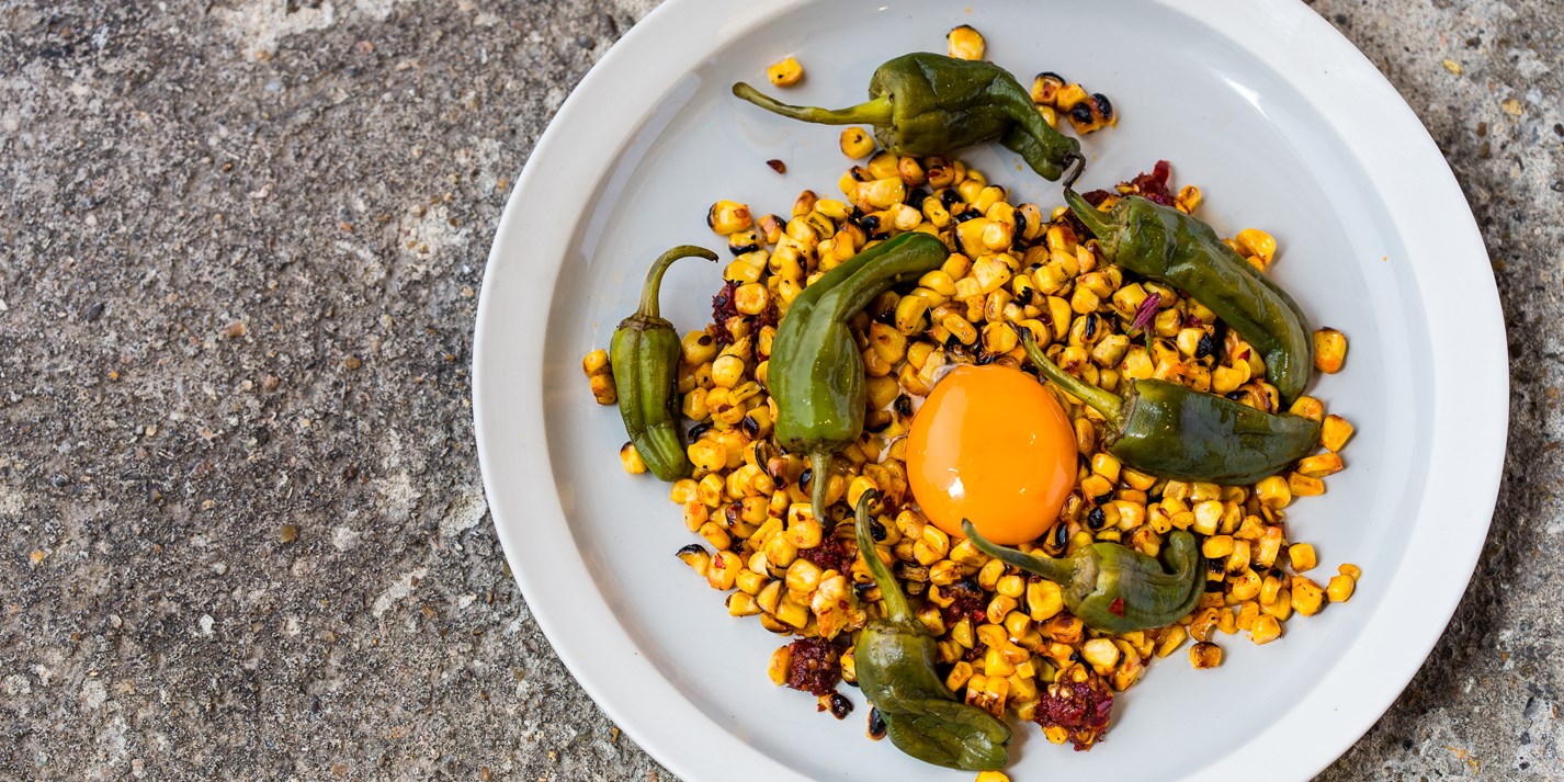 Corn and 'Nduja with Pickled Padrón peppers Great