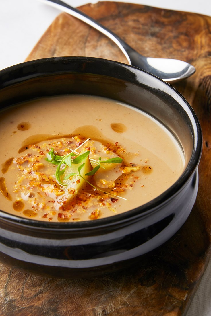 Jerusalem artichoke soup with burnt pear and walnut recipe - Great