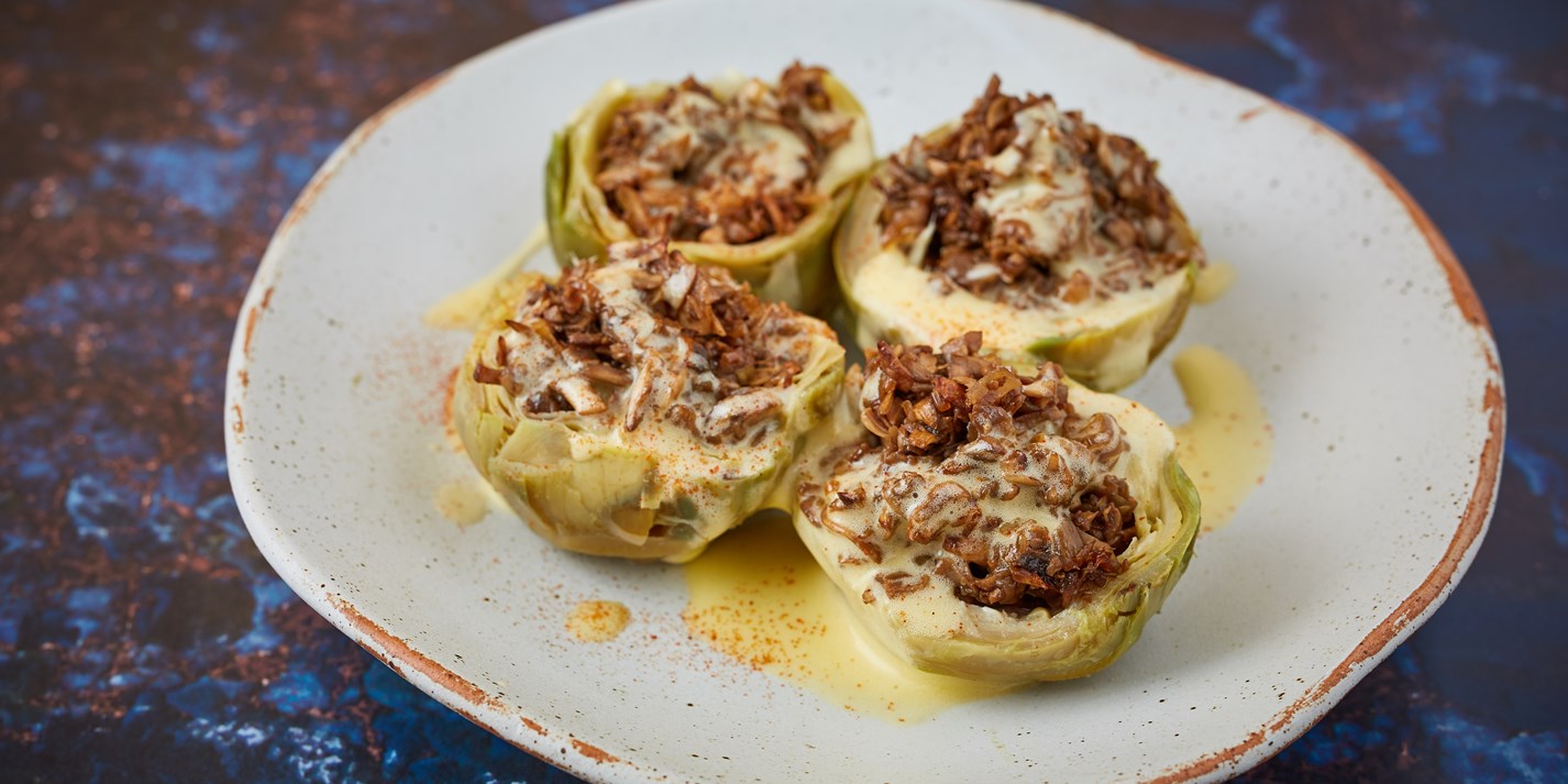 Artichokes with Mushroom Stuffing and Hollandaise Sauce Recipe Great