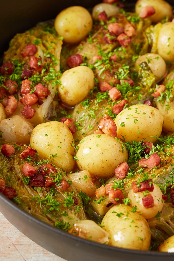 Braised Gem Lettuce With Jersey Royals Recipe Great British Chefs