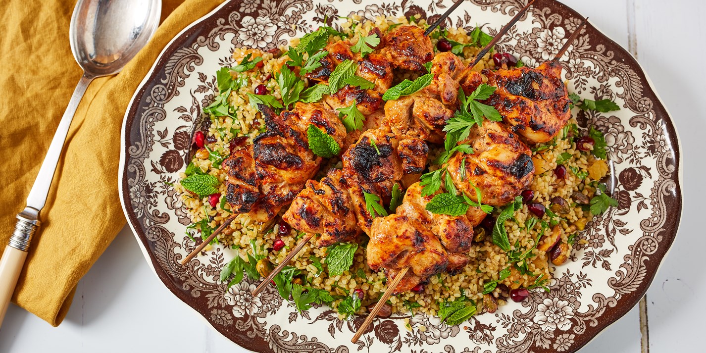 Chicken Drumstick Fillet Kebabs with Jewelled Bulgur Wheat Recipe