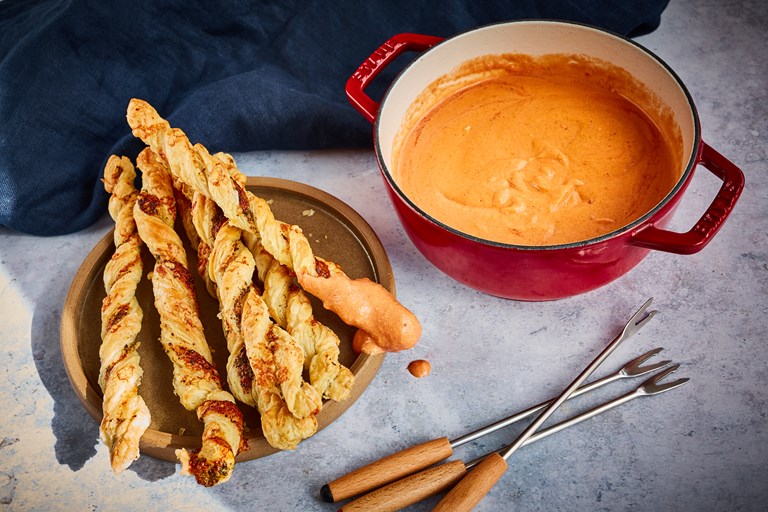 Le Gruyère AOP and Tomato Fondue with Pesto Cheese Straws Recipe ...