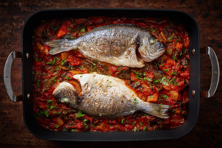 Whole Baked Bream with Tomato and Chard Recipe Great British Chefs