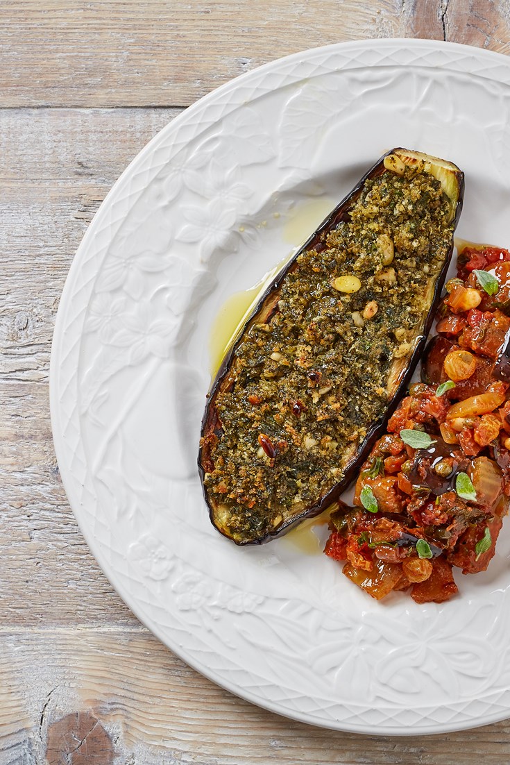Pesto Gratinated Aubergine with Caponata Recipe Great British Chefs