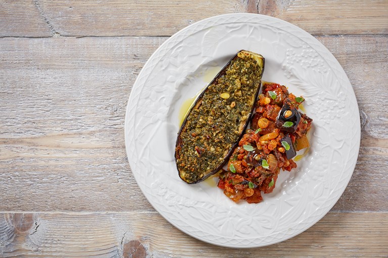 Pesto Gratinated Aubergine With Caponata Recipe Great British Chefs