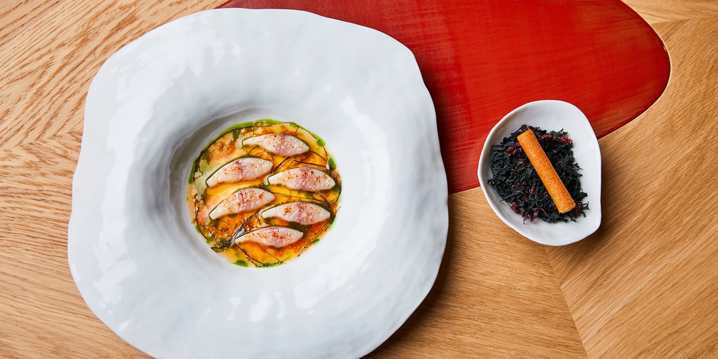 Mackerel with Barbecued Gazpacho Consommé and Basil Recipe