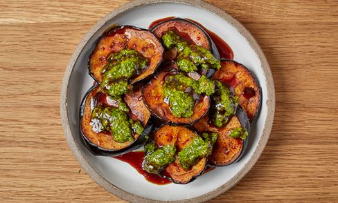 Fried Aubergines with Date Syrup and Zhoug Recipe - Great British Chefs
