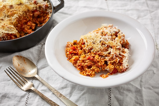 Anellini al forno – baked anellini with pork and aubgergine ragu
