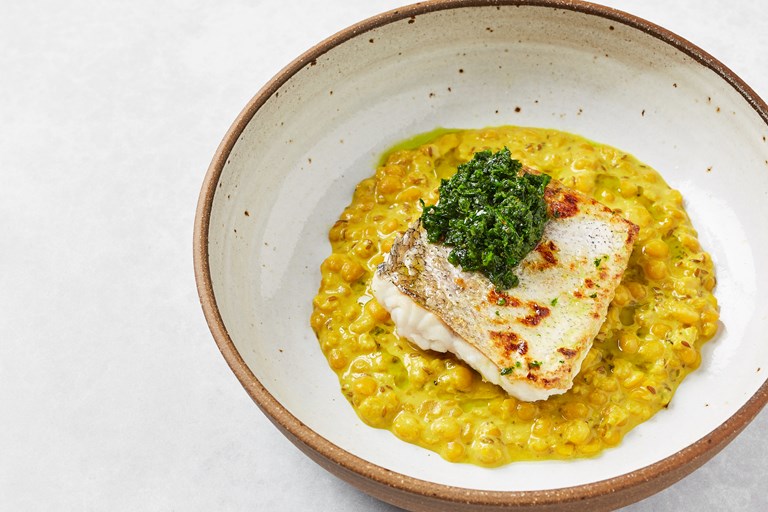Hake with Zhoug and Yellow Split Pea Dhal Recipe Great British Chefs