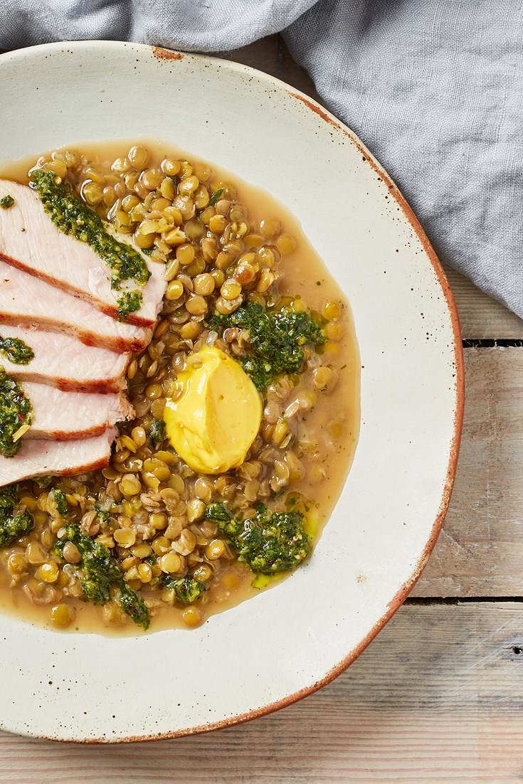 Pork Chop with Braised Lentils and Saffron Aioli Recipe