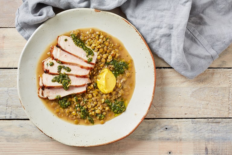 Pork Chop with Braised Lentils and Saffron Aioli Recipe Great British