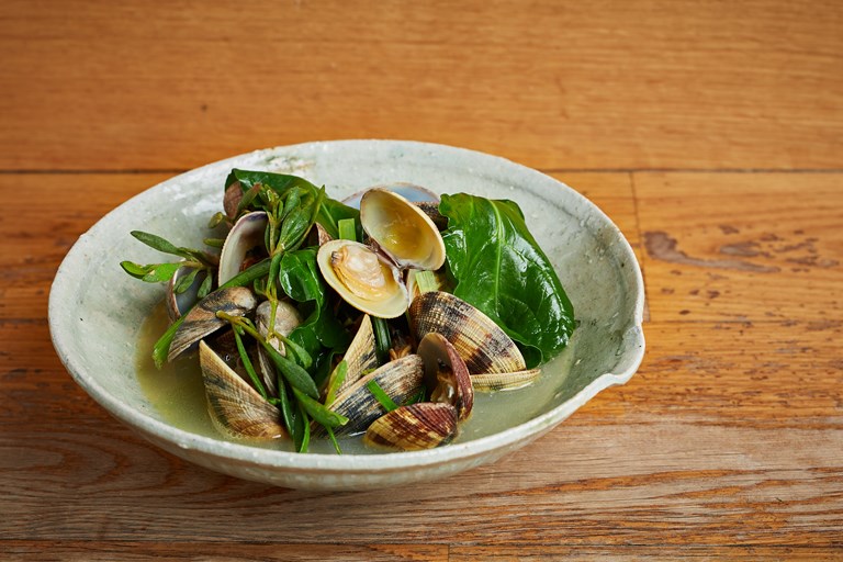Butter and SakeSteamed Clams with Coastal Greens Recipe Great