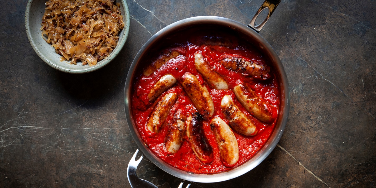 Lamb Sausages in Tomato Sauce with Bacon Sauerkraut Recipe Great British Chefs Flipboard
