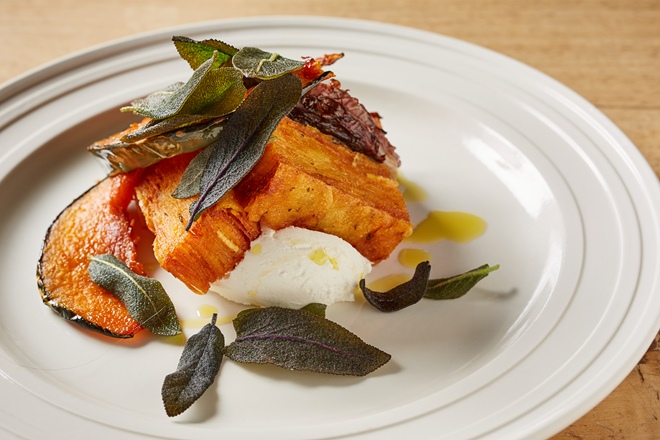 Potato pavé with goat’s curd, pumpkin and crispy sage