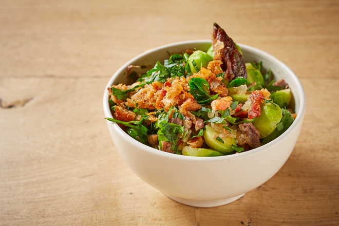 Sprouts with confit goose, chestnuts and pancetta