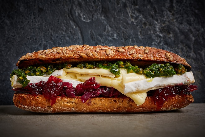 Brie, red cabbage and pistachio pesto sandwich