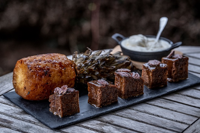 Roasted pineapple with sticky toffee pudding and ice cream