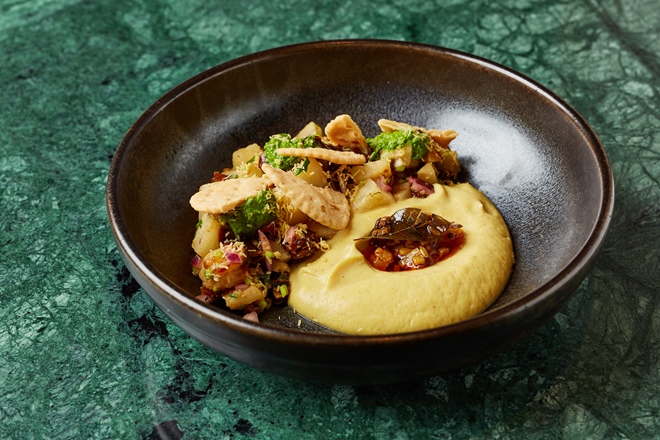 Celeriac chaat with celeriac purée and papdi