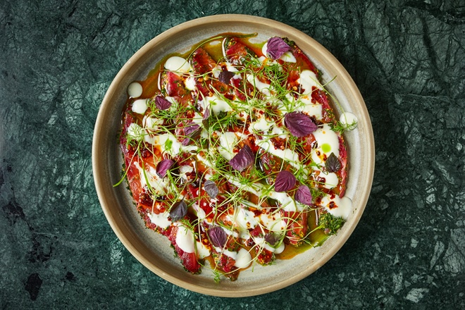 Cured trout with kasundi, Kashmiri chilli oil, buttermilk and shiso