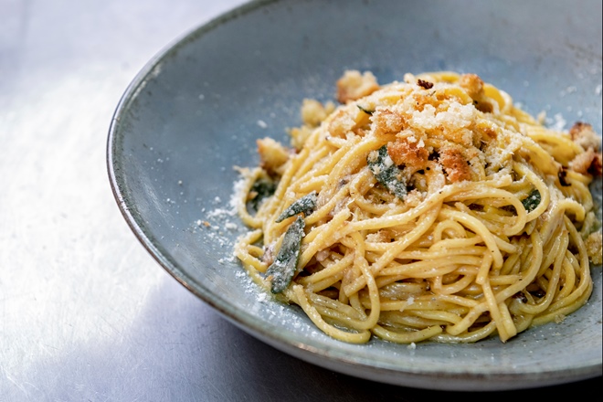 Spaghetti with lemon, anchovy, sage and pangrattato