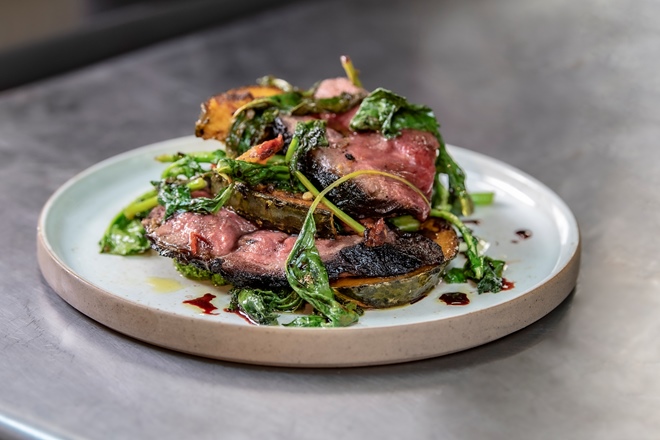Grilled bavette with grape must, pumpkin and cimi di rapa